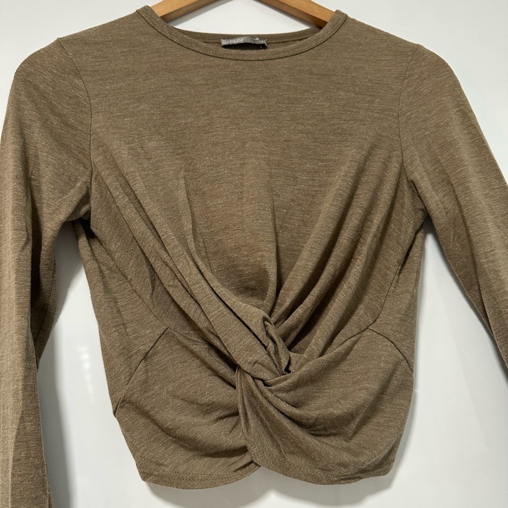 Zara Collection Brown Twist Front Crop Top Long Sleeves